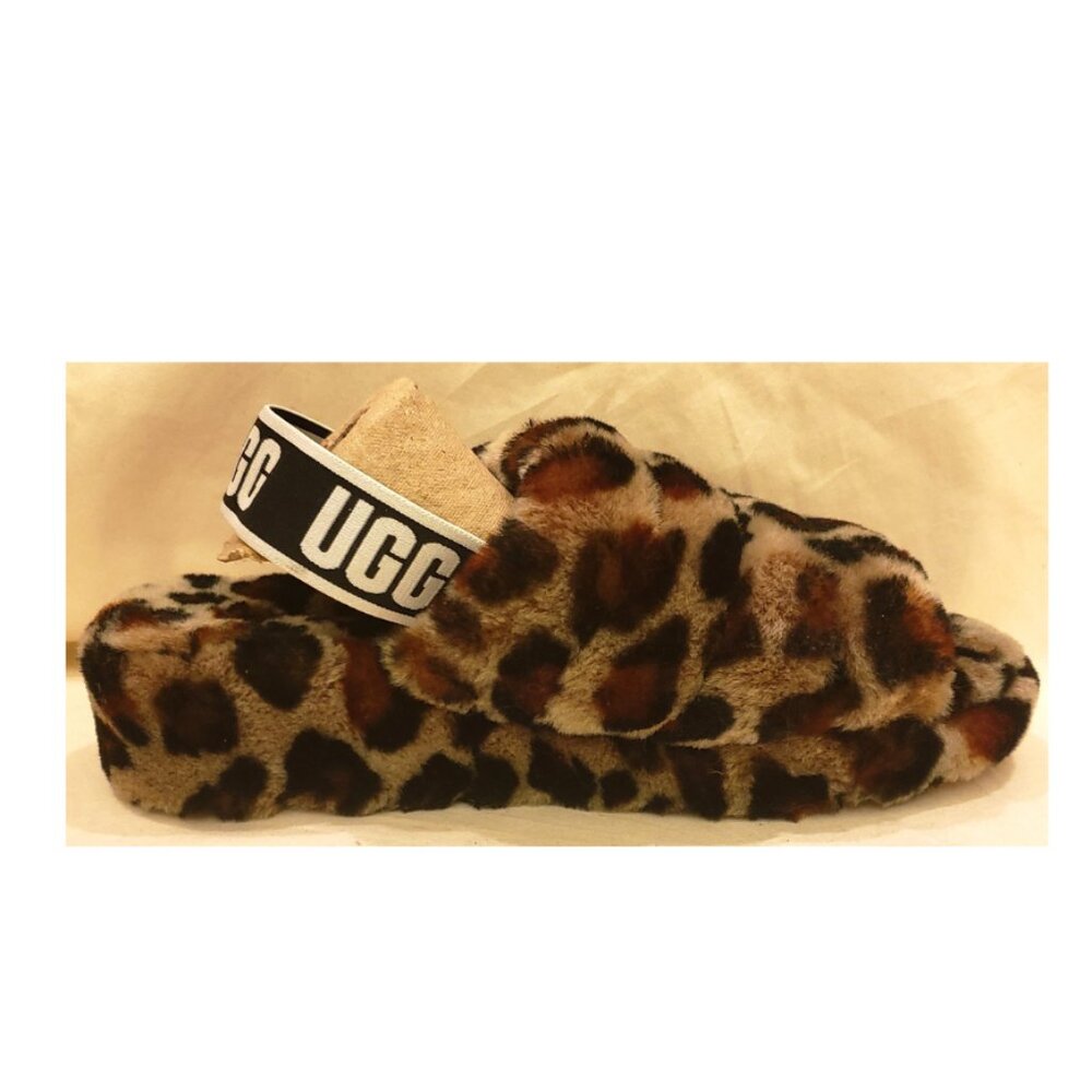 UGG Fluff Yeah Leopard Sling Back Slippers Lamb Fur Throughout Size-8 - Picture 2 of 9